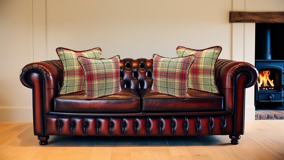 Thumbnail: chess balmoral jalapeno scatter cushions with piping on leather sofa