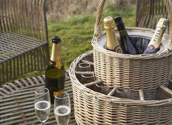 Willow wicker champagne basket with champagne flutes