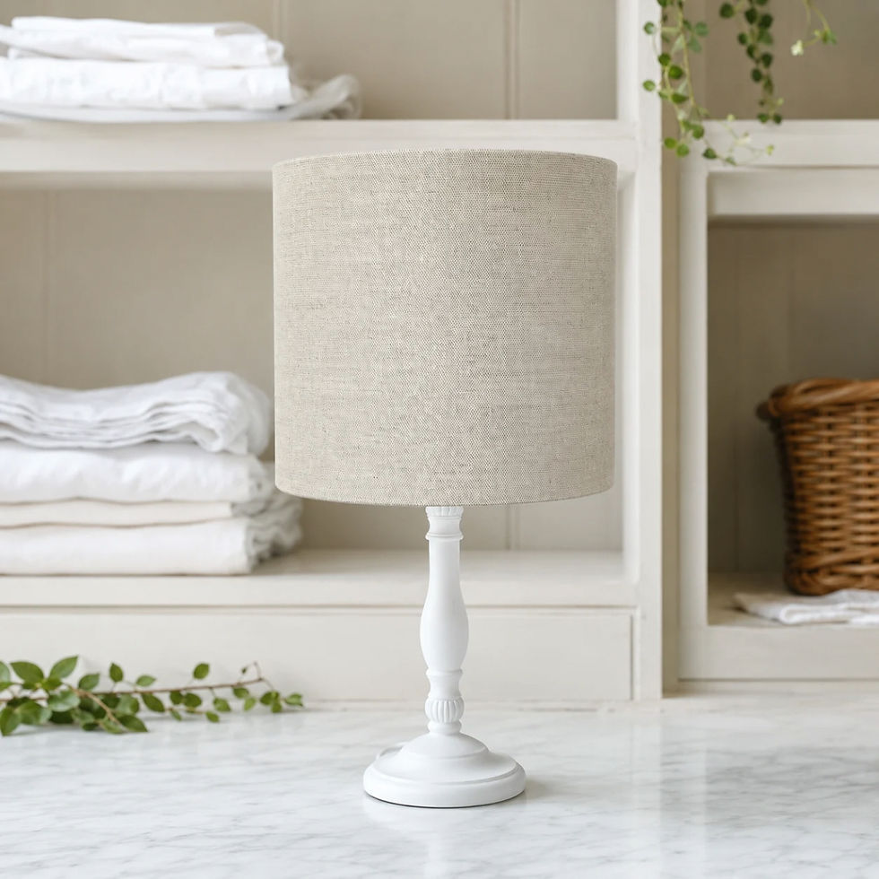 Wexford Natural linen drum lampshade on a white lamp base in The Linen Cupboard setting.