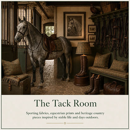 Berry & Grouse Tack Room tile showing an old stable block with cobbled stone floors, iron stall rails, a grey horse, brown leather saddle, bridles, riding boots, tweed cushions and riding boot lampshade.