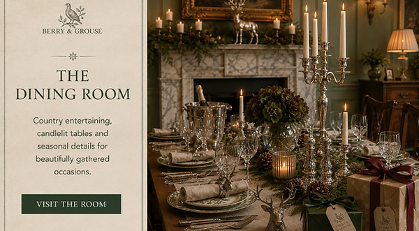 Berry & Grouse Dining Room tile showing a candlelit Georgian dining room with seasonal table setting, silver candelabra, crystal glasses, stag details, wrapped gifts and country entertaining pieces