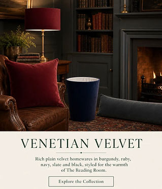 Venetian Velvet fabric collection tile showing plain velvet lampshades, cushions, draught excluder and waste paper bin styled in The Reading Room.