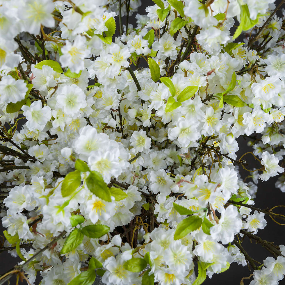White artificial cherry blossom sprays close up