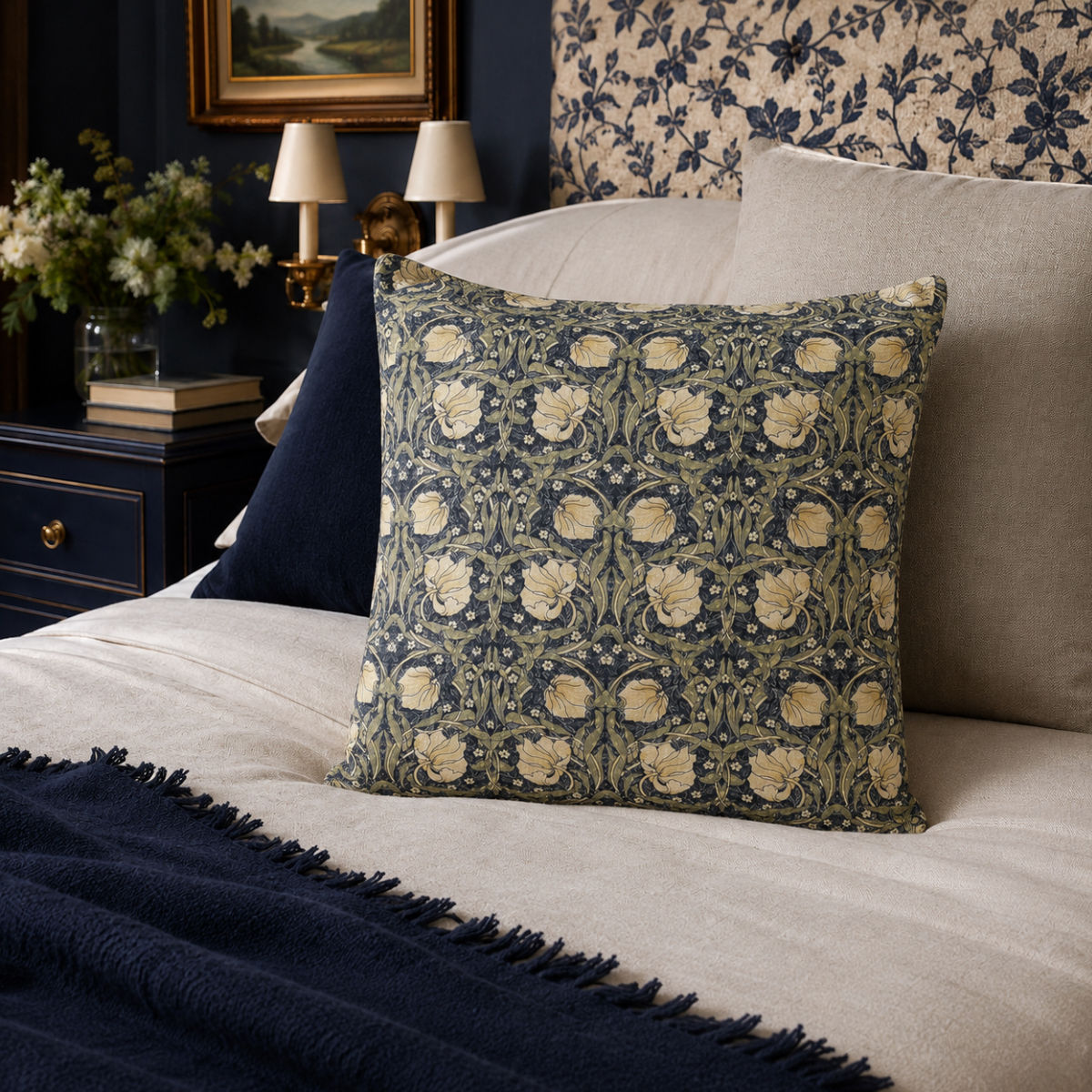 william morris pimpernel blue cream 16" / 40cm scatter cushion piped and unpiped option