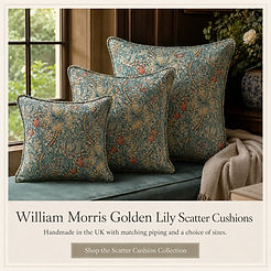 William Morris Golden Lily scatter cushions in a classic heritage floral fabric, handmade in a choice of cushion sizes.
