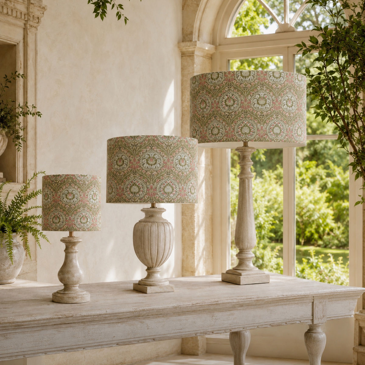 william morris eden rose selection of drum lampshades 20cm, 30cm, 40cm in the orangery