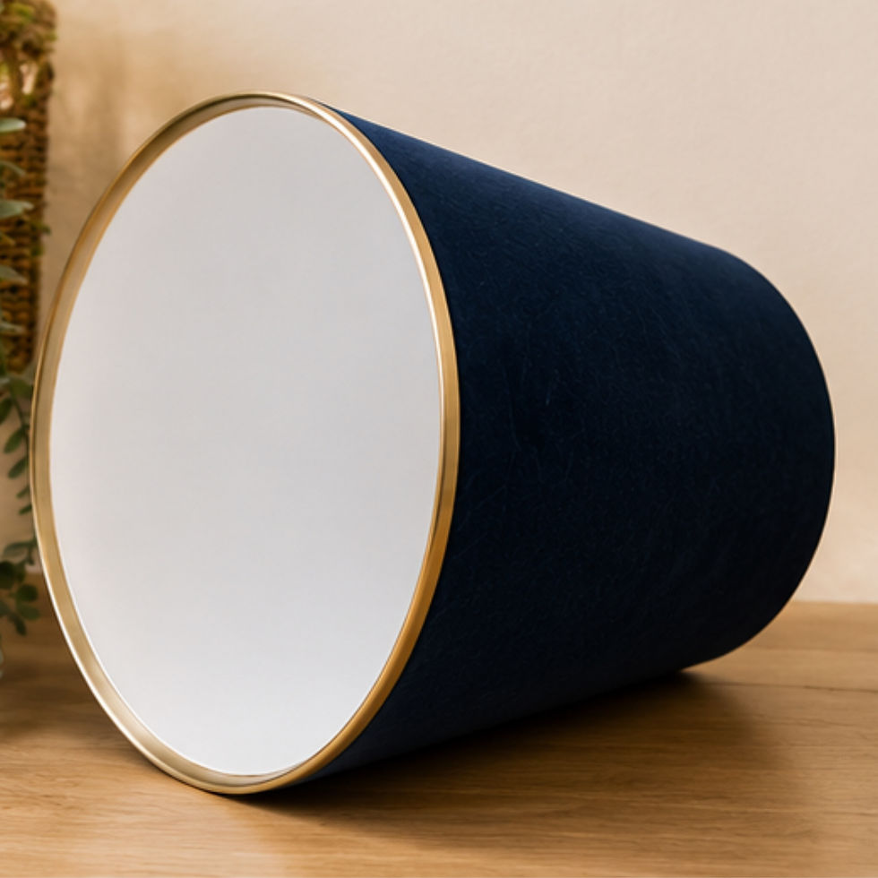Thumbnail: Deep navy blue velvet waste paper bin styled in a modern home interior with matte white lining