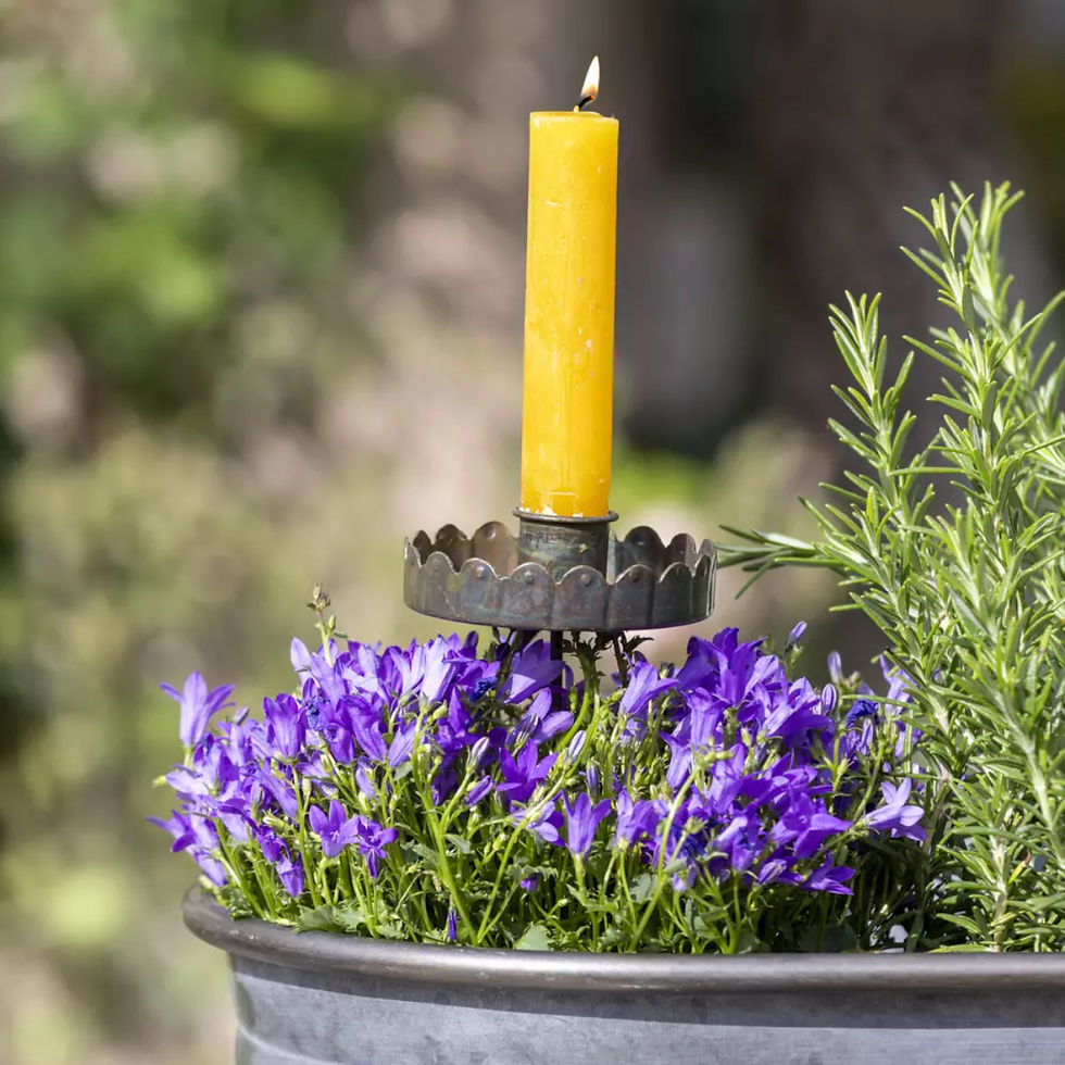 Thumbnail: Scalloped metal stake candle holder with ivory candle in an English cottage garden planter