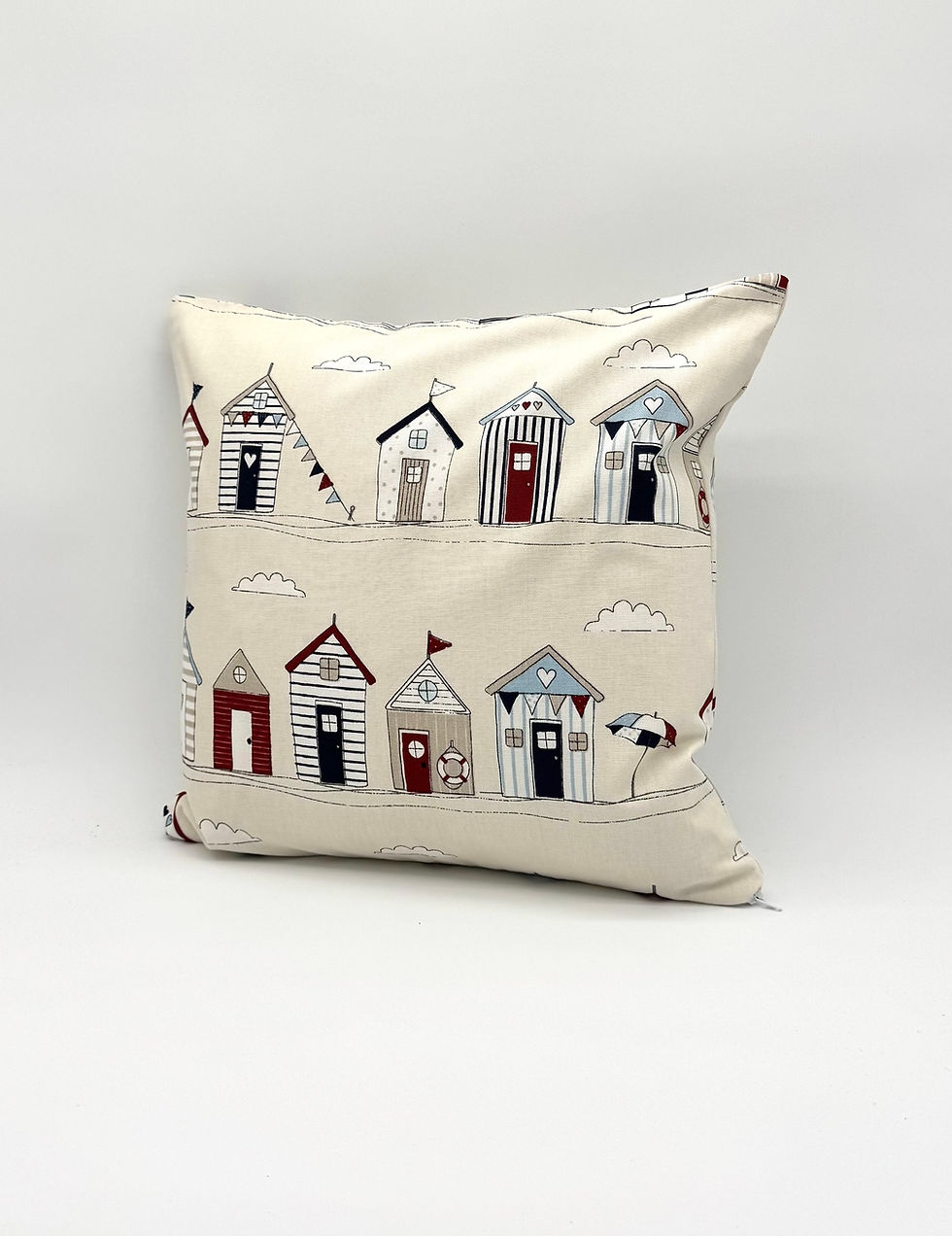 Thumbnail: Fryetts Beach Huts scatter cushion 16" 18" 20" synthetic and natural fillings eco recycled handmade UK zip square