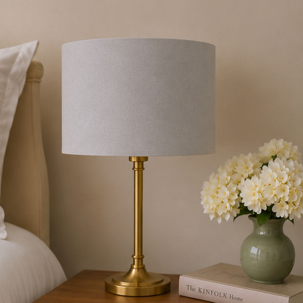 Thumbnail: The Rosette Lampshade in Welsh Pony Grey, handmade cotton drum lampshade with Vintage Gold frame from The Pony Club collectio