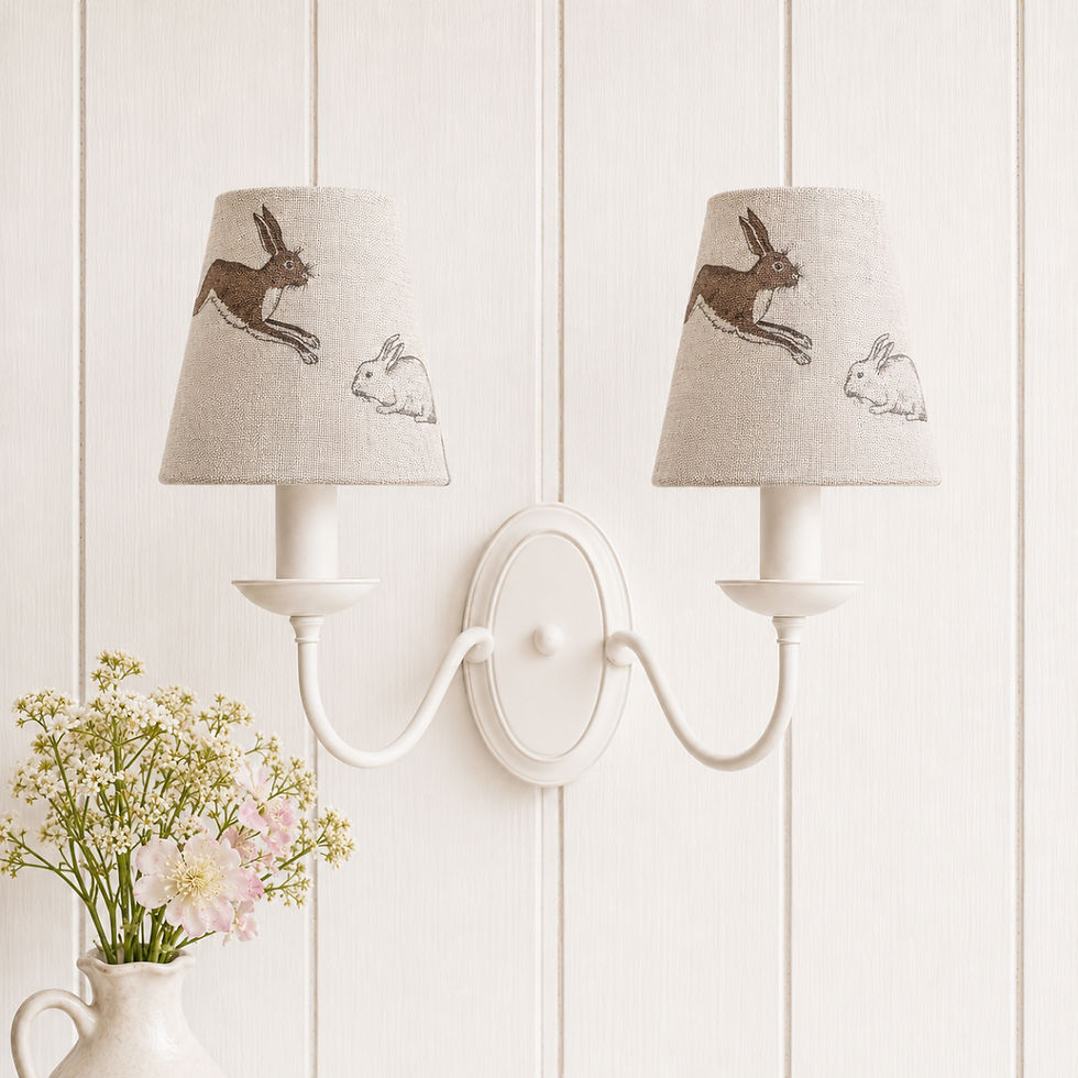 Thumbnail: Emily Bond Hares candle clip lampshade with brown and white hare motifs on natural fabric