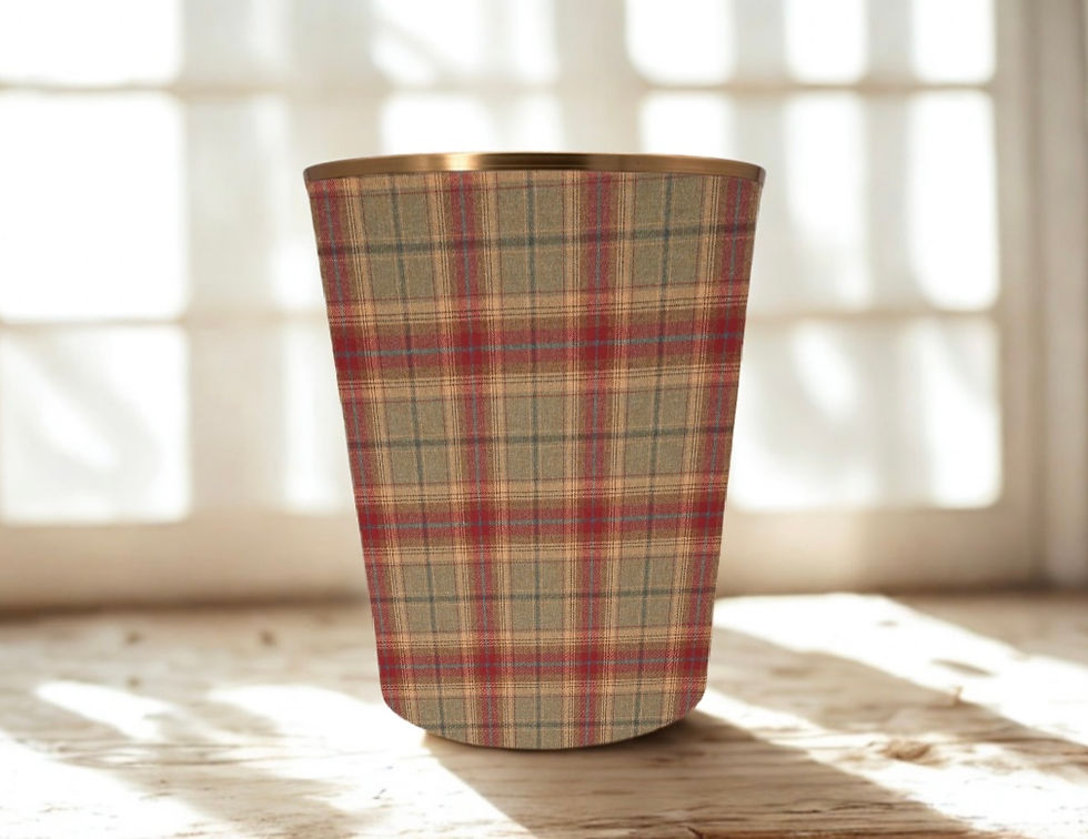 balmoral highland wool in jalapeno waste paper bin with gold trim