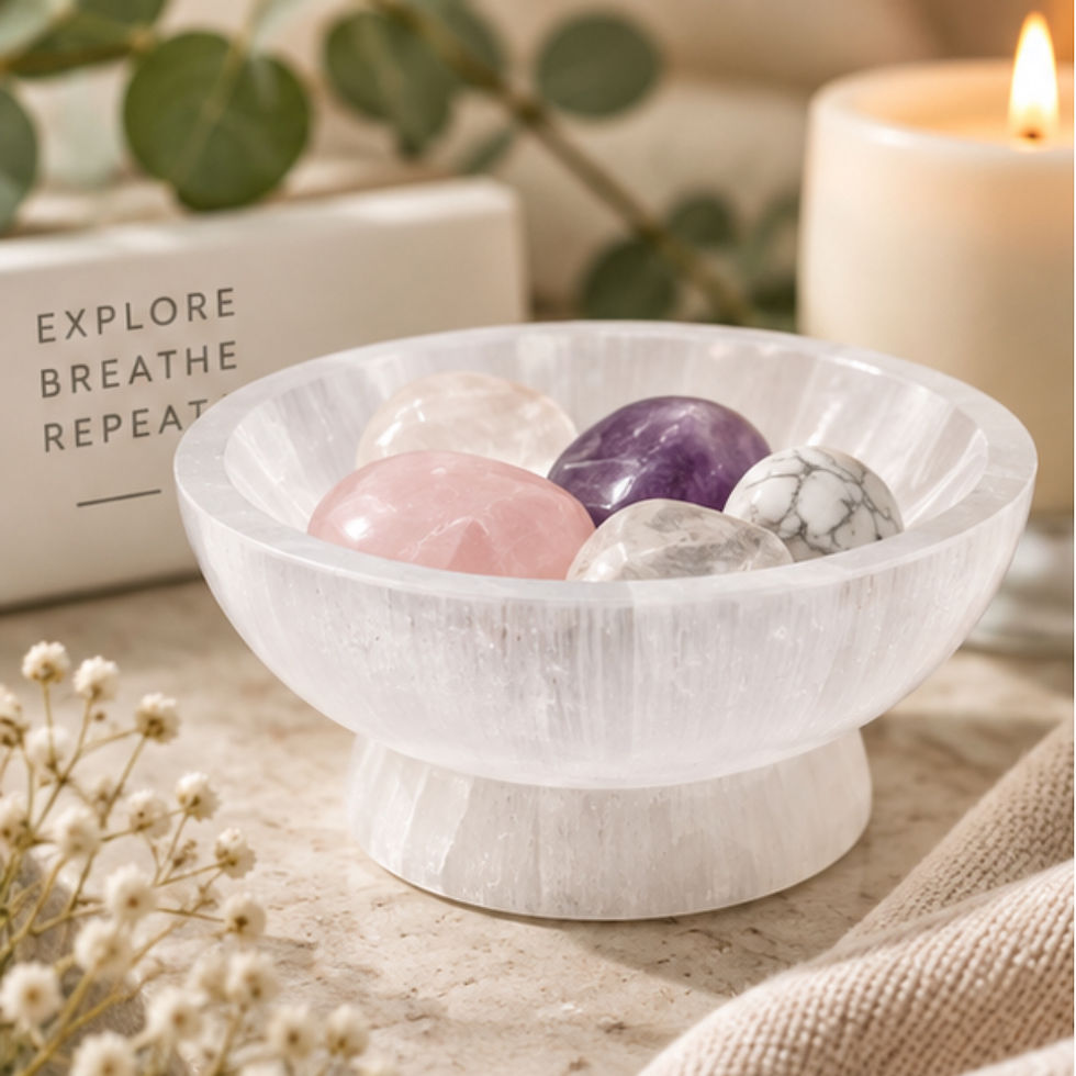 Natural white selenite crystal bowl 10 cm styled with three crystals in rose quartz, amethyst, clear quartz