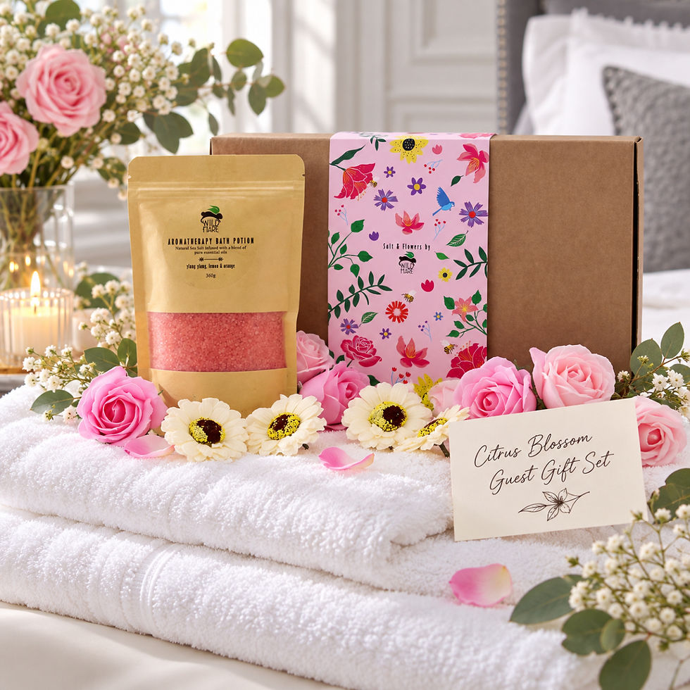 Citrus Blossom Guest Gift Set styled on fluffy white hotel towels in a bright guest room, featuring Wild Hare aromatherapy