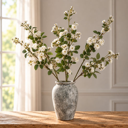 White artificial wild meadow roses with green foliage in a grey ceramic vase, lit by soft daylight in a neutral guest room.