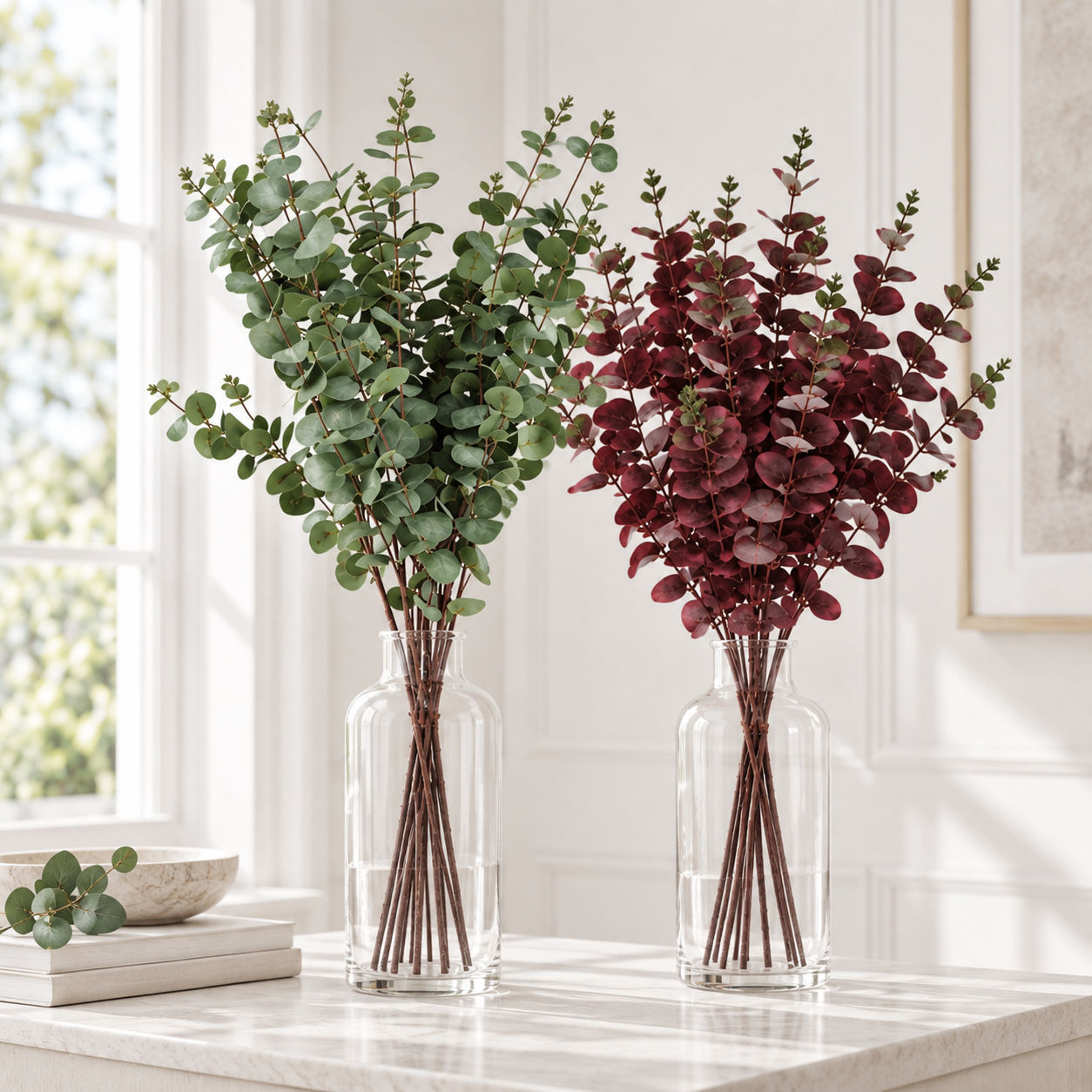 100cm artificial eucalyptus collection in green and burgundy arranged in clear glass vases