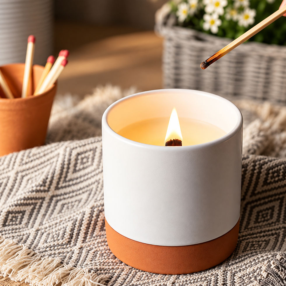 Lit lavender and citronella candle in a white ceramic pot with terracotta base, styled with natural woven textiles.
