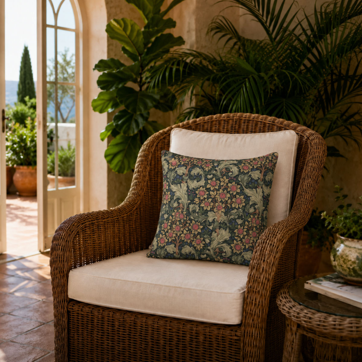 william morris orchid nightshade scatter cushion in the orangery on a wicker conservatory chair