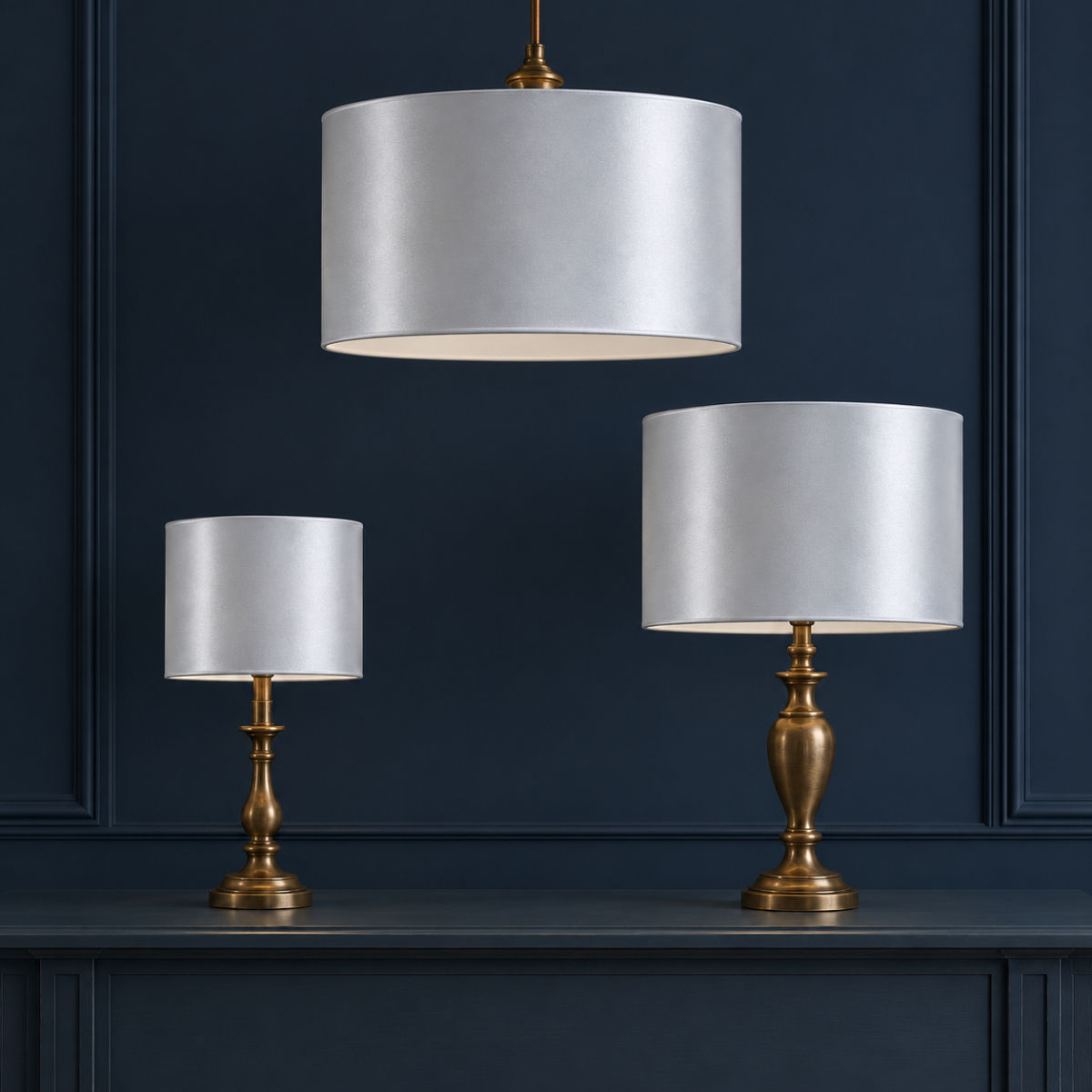 Drum collection: Silver silky satin drum lampshades in 20cm, 30cm and 40cm sizes, handmade by Berry & Grouse.