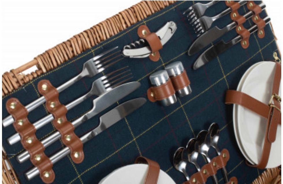 Thumbnail: Four-person picnic hamper contents with porcelain plates, wine glasses, cutlery and napkins