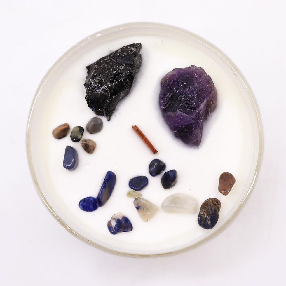 Solar Plexus Chakra crystal candle with Amethyst and Black Agate crystals