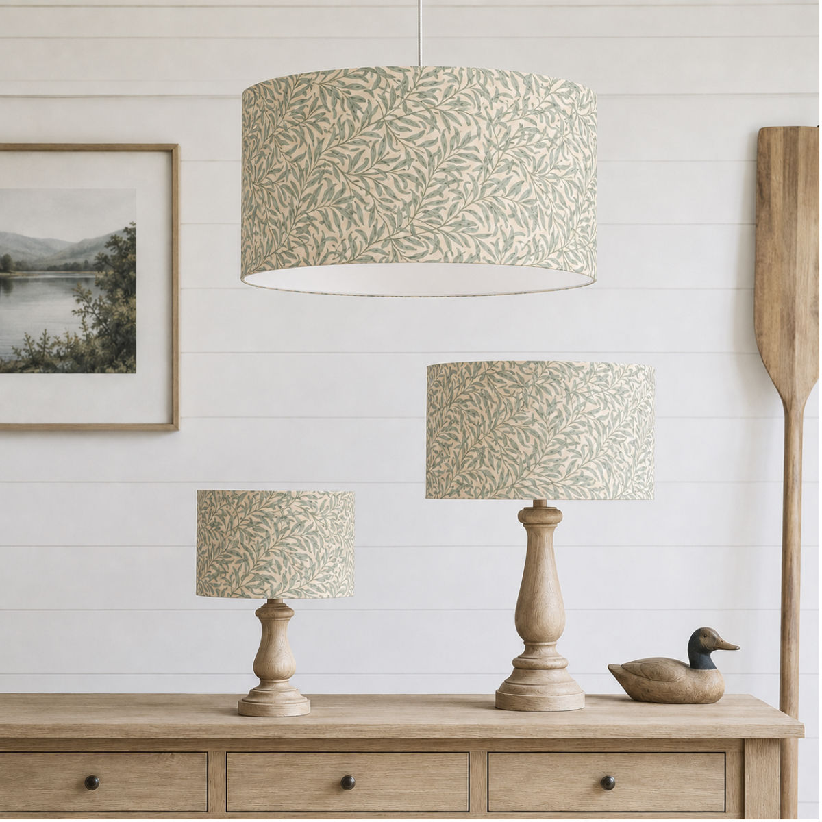 william morris willow bough duck egg candle drum lampshades set within the lake house 20cm 30cm and 40cm drum