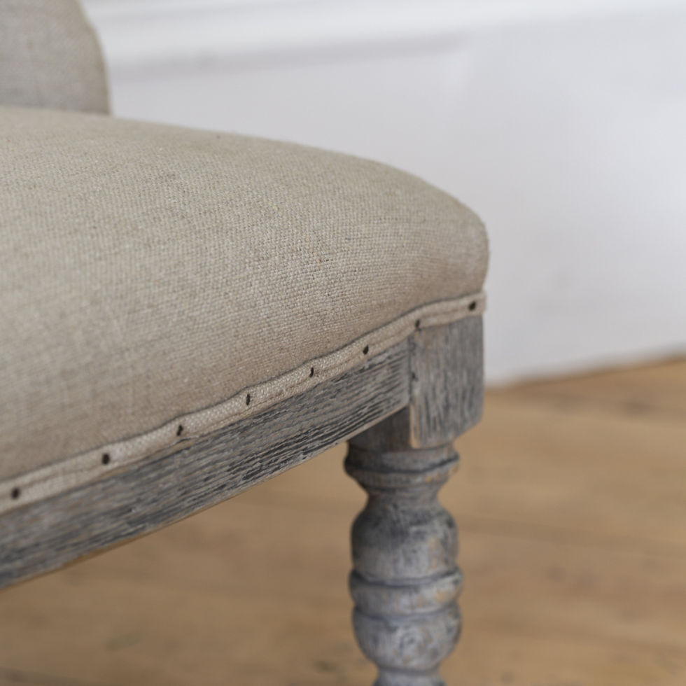 Thumbnail: Taupe grey linen seat with weathered oak frame and turned wooden legs on Margot accent chair