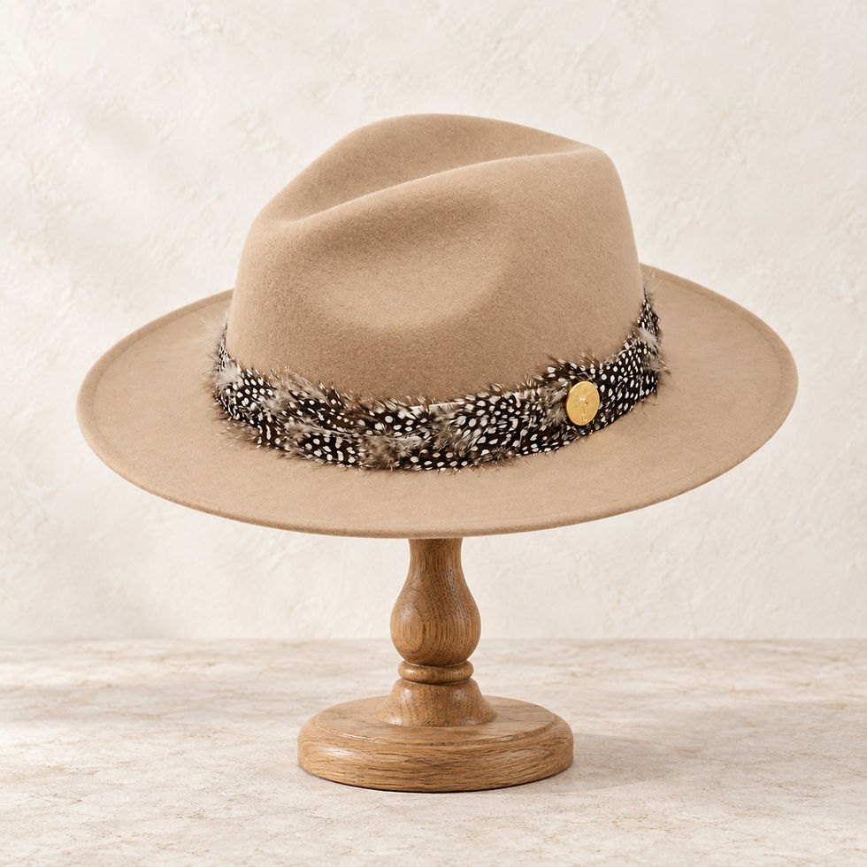 Camel wool felt fedora hat with spotted guinea fowl feather band and gold disc, displayed on an oak wooden milliner's hat sta