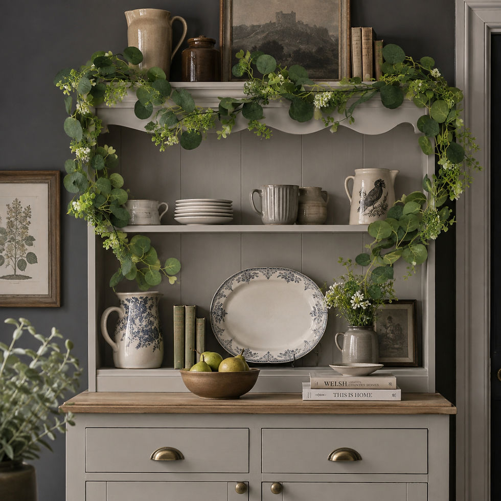 Artificial eucalyptus greenery draped across a traditional Welsh-style dresser.