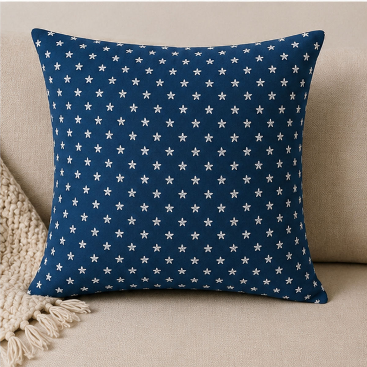 Handmade Sea Star Navy scatter cushion featuring navy starfish print fabric for coastal and lake house interiors
