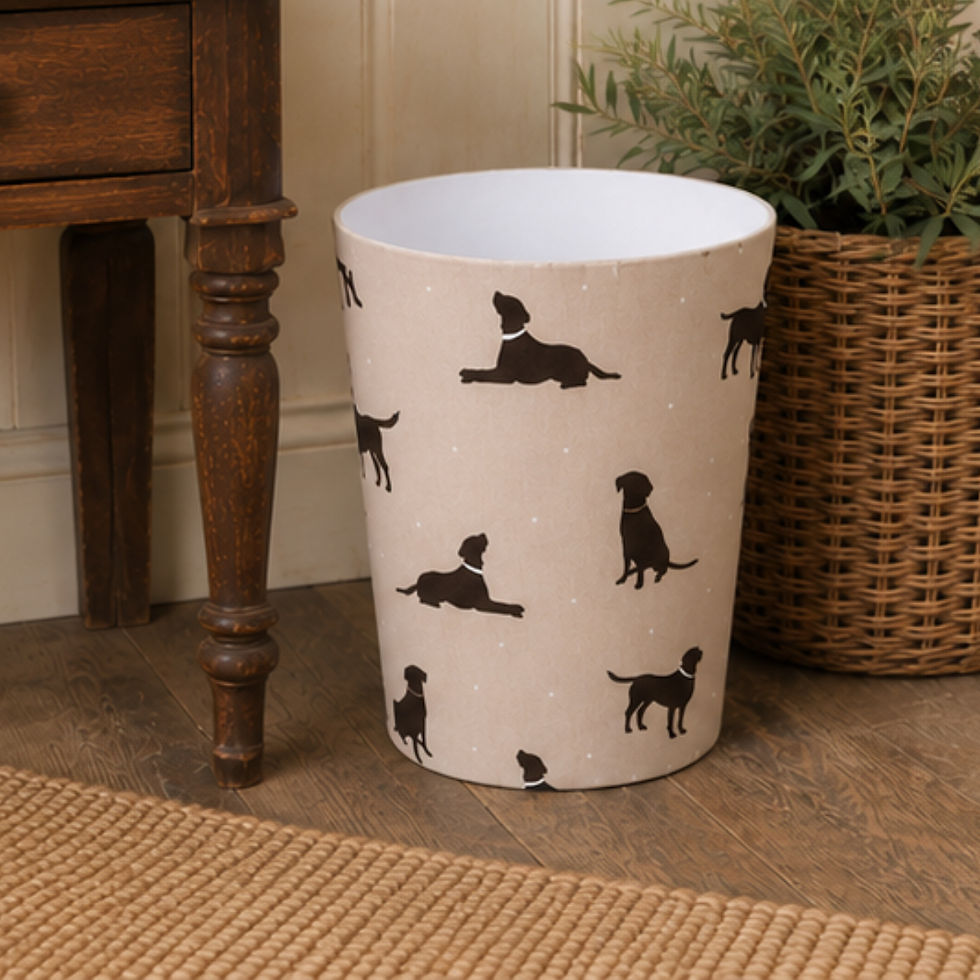 Thumbnail: Handmade waste paper bin in Clarke & Clarke Labrador Noir fabric featuring black Labrador dog print, tapered design with whit