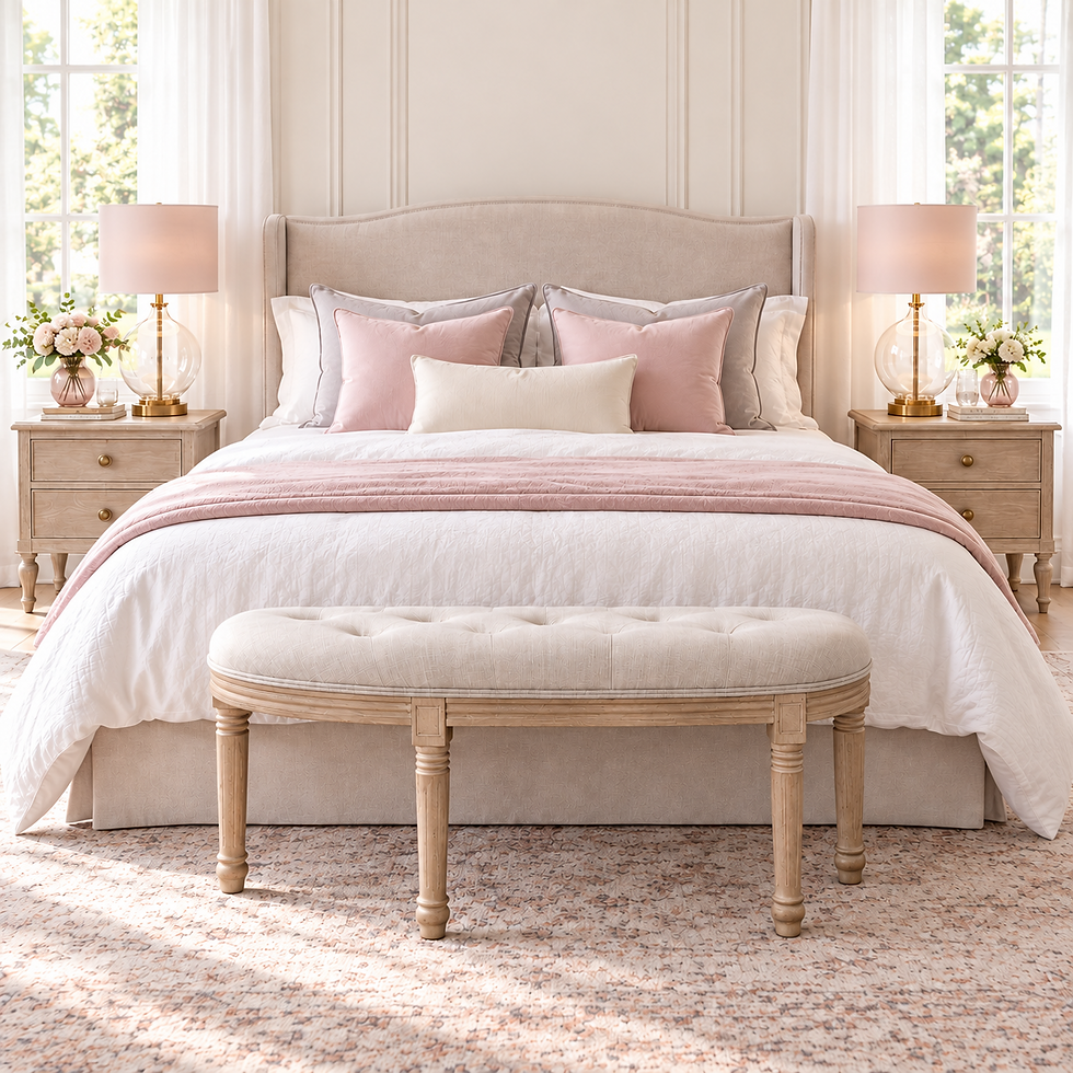 French style upholstered bedroom bench with tufted linen seat and weathered oak frame at the foot of a luxury bed