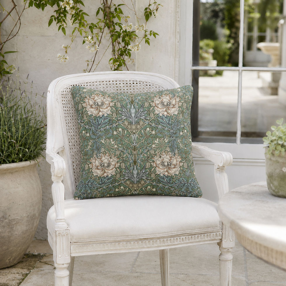Thumbnail: william morris honeysuckle seaspray scatter cushion 16" piped/unpiped set on a terrace chair