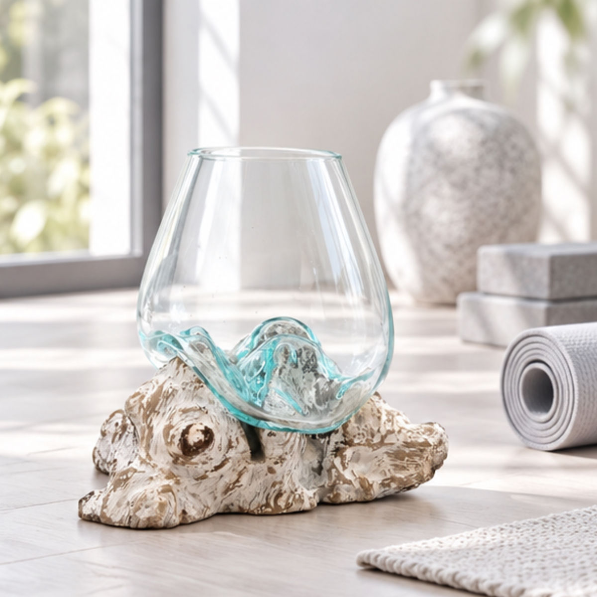 Molten Glass Bowl on Whitewashed Wood – Large recycled molten glass vessel shaped over natural wood