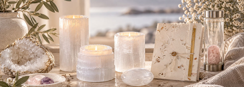 Journal, selenite crystal and glass water bottle styled for an everyday wellness ritual