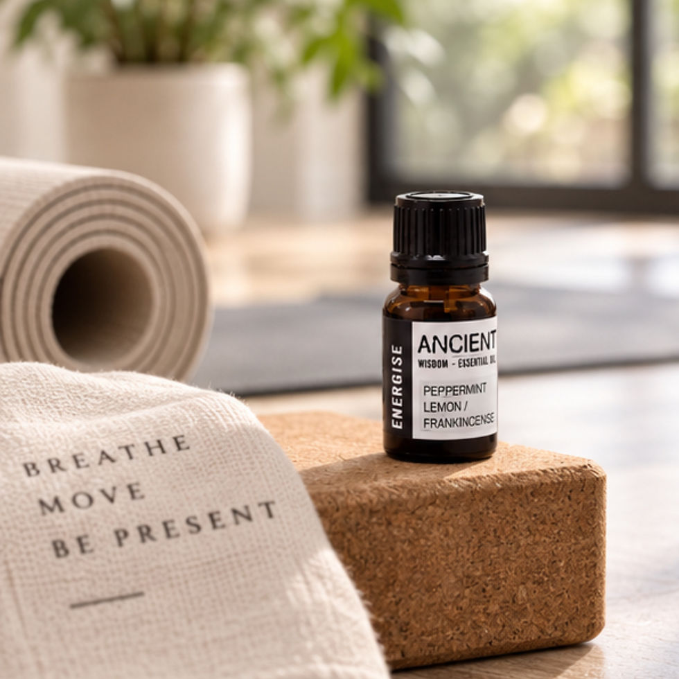 Energising essential oil blend 10ml with Peppermint Frankincense and Lemon styled in a yoga studio