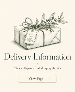 Berry & Grouse delivery information tile with a heritage-style illustration of a wrapped parcel and label, linking to dispatch times and shipping details.