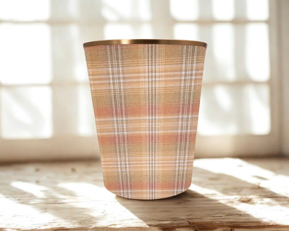 balmoral highland wool in fired earth waste paper bin with gold trim