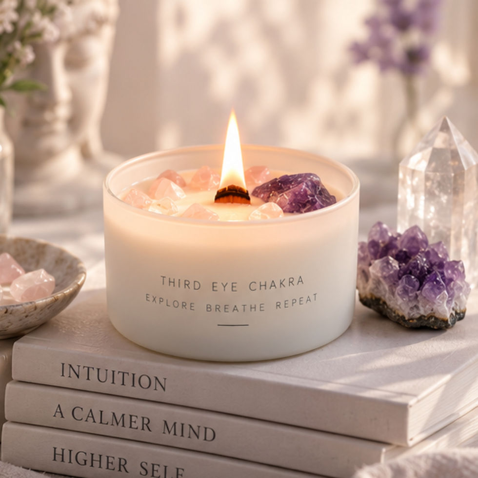 Third Eye Chakra crystal candle with Amethyst and Rose Quartz crystals