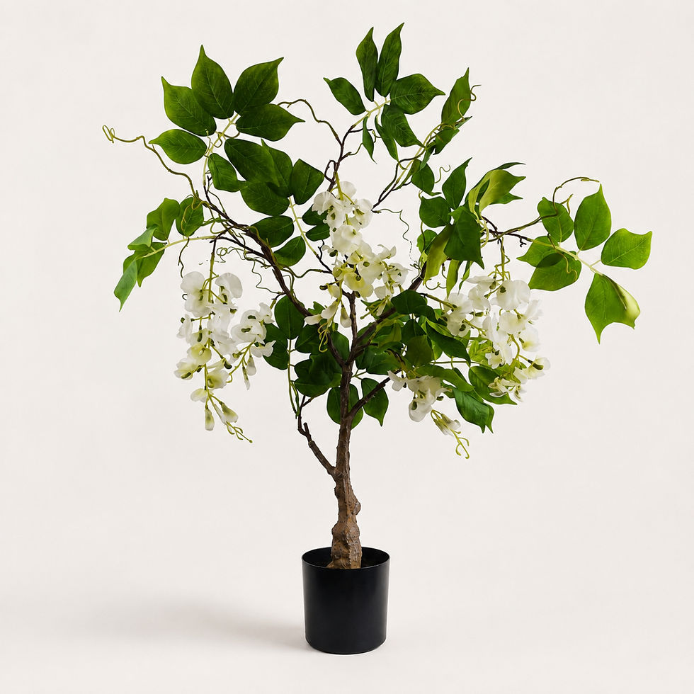 Thumbnail: Artificial white wisteria bush showing its branching shape and weighted plastic pot.