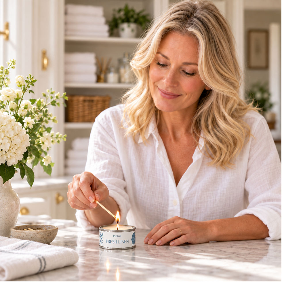 Thumbnail: Pintail Fresh Linen scented paint pot candle being lit in a bright country house linen cupboard, styled with white towels and