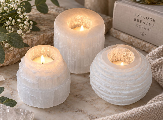 Natural white selenite cylinder candle holders in graduated heights