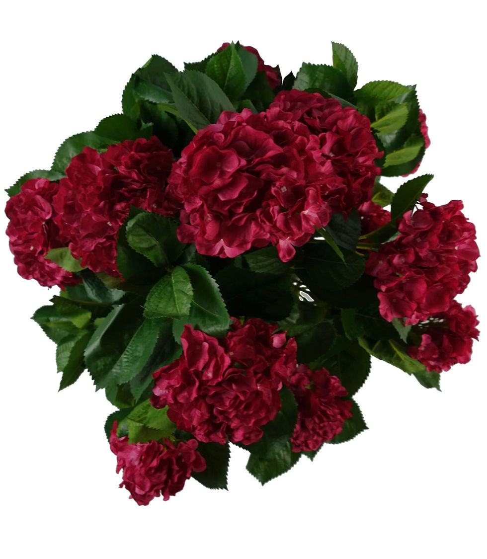 Thumbnail: Close-up of pink artificial hydrangea flower heads amongst green leaves.