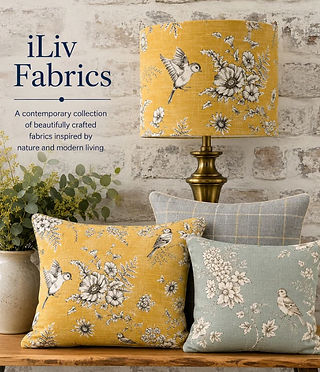 iLiv fabric collection tile showing contemporary nature-inspired fabrics on lampshades, cushions and waste paper bins in country interiors.