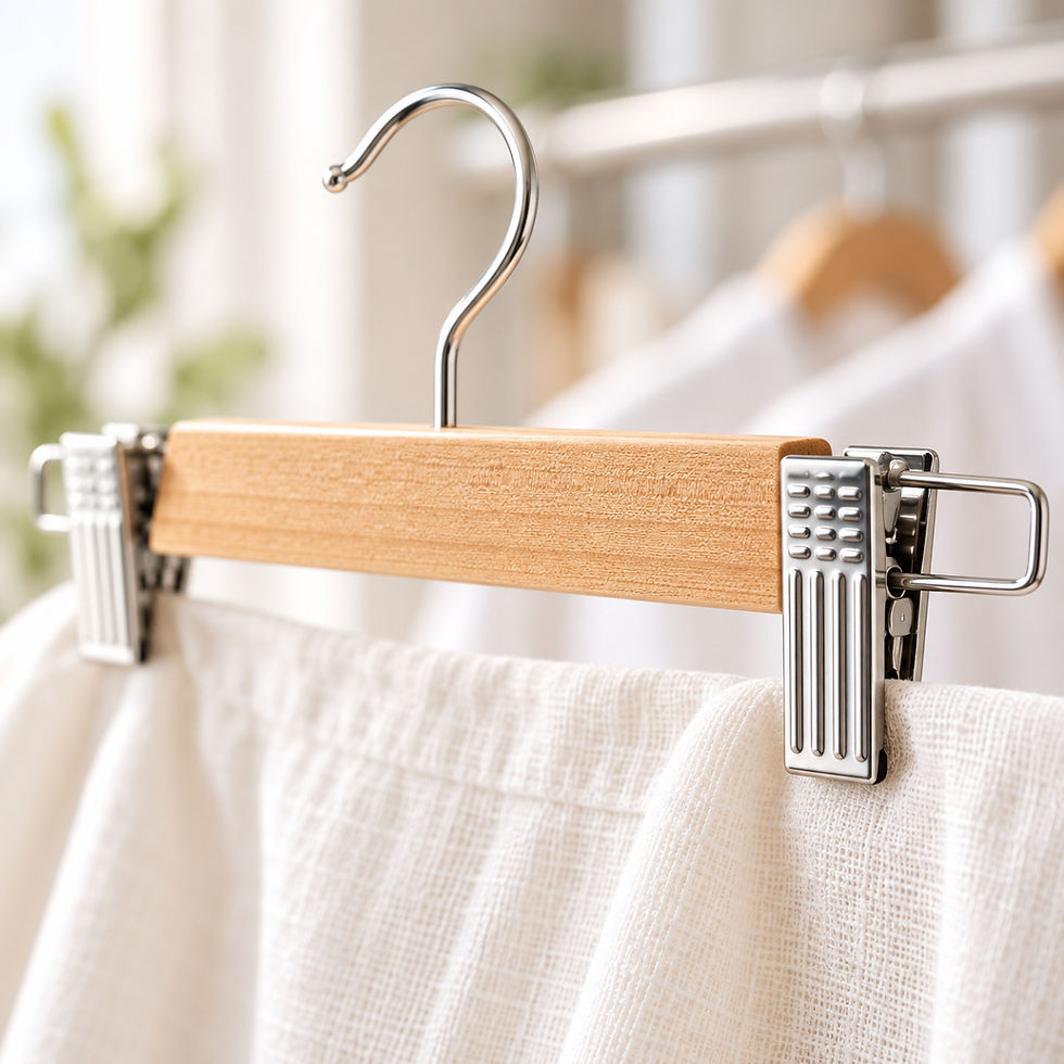 Wooden skirt and trouser clip hanger displayed on a rustic ladder in a country house linen cupboard