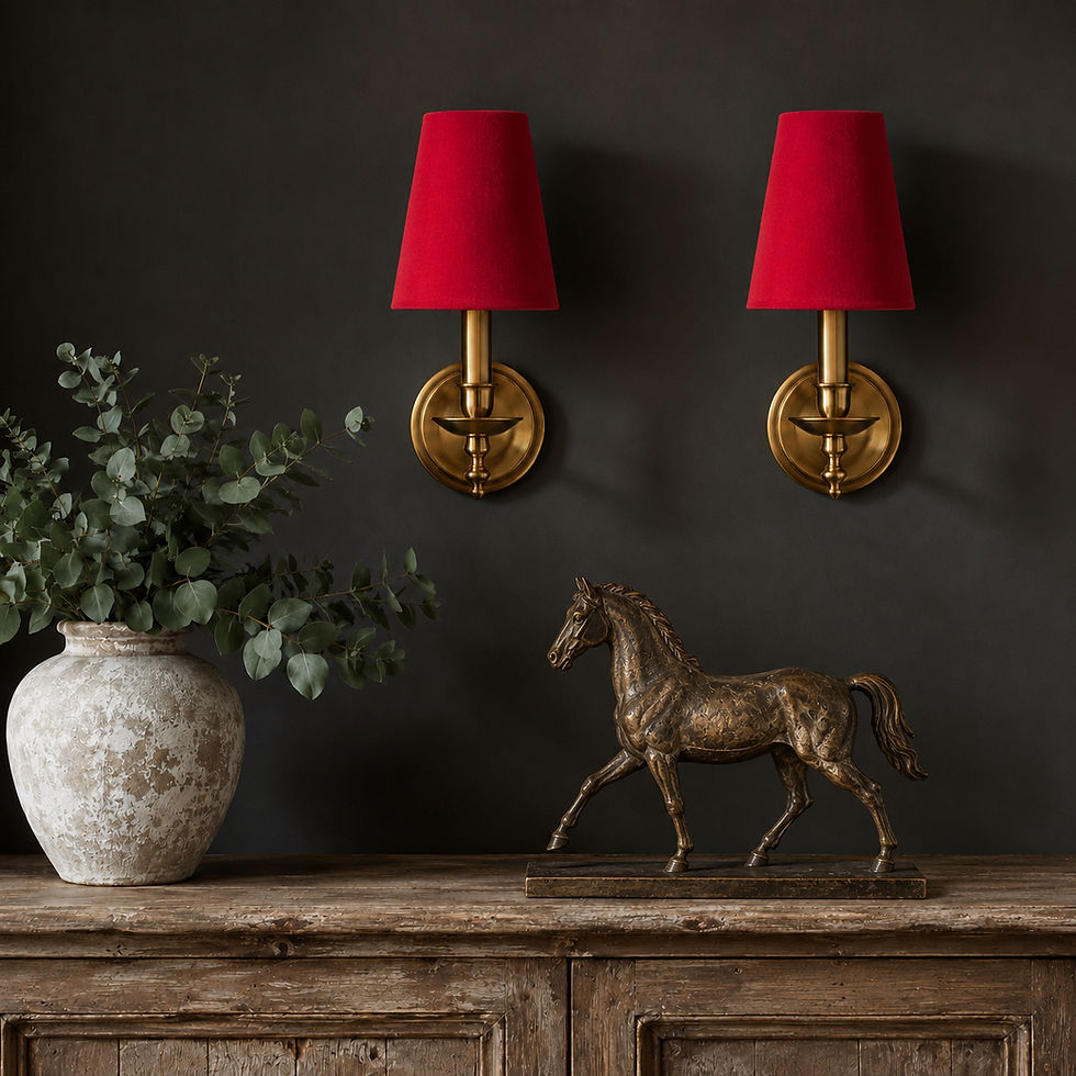 Ruby red candle clip lampshades pair set against a deep grey wall