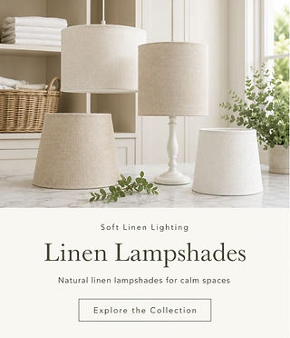 Natural Linen fabric collection tile showing plain linen lampshades and soft furnishings in calm neutral colours for The Linen Cupboard.
