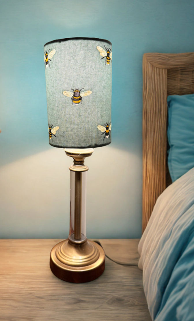 small drum cylinder table lampshade featuring bees on a teal cotton Sophie Allport