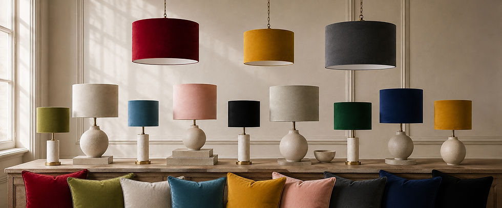 A wide product banner displaying plain velvet drum lampshades in assorted sizes and rich colourways, arranged with coordinating 18-inch velvet scatter cushions in an elegant neutral interior.