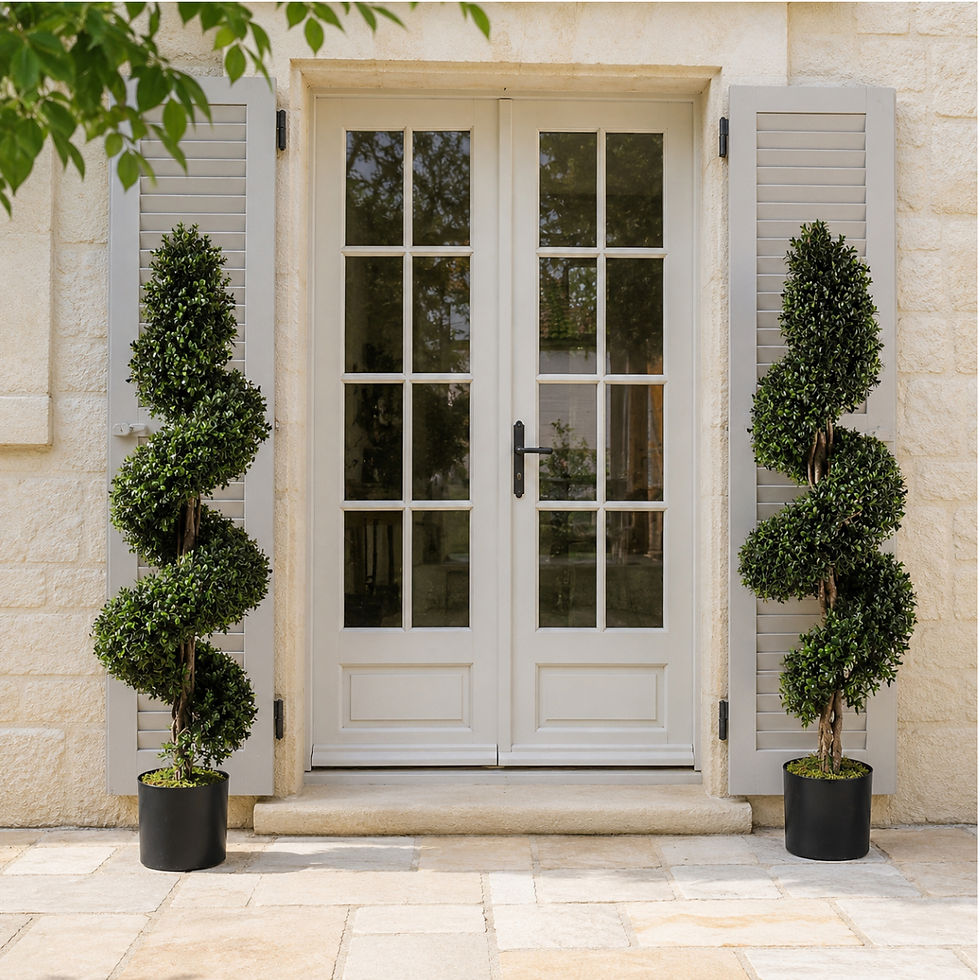 Thumbnail: Pair of spiral buxus topiaries in outdoor planters beside country-house French doors.